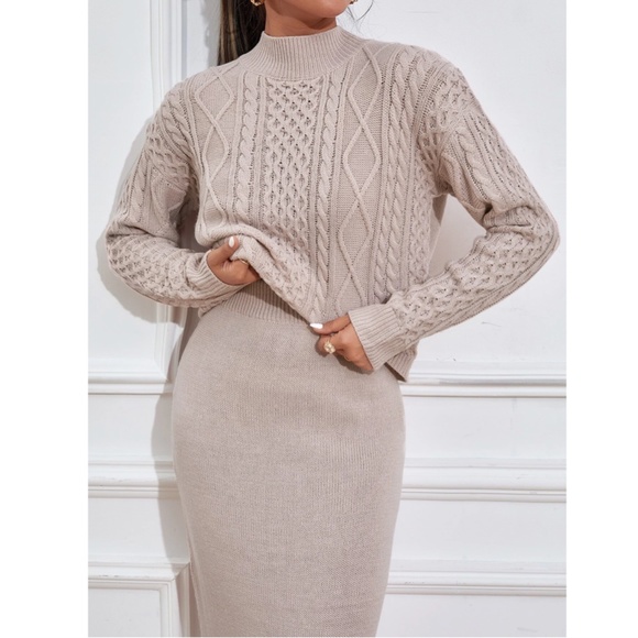 2 Piece Knit Skirt Set Blush Color Long Skirt & Cable Knit Set - Picture 4 of 11